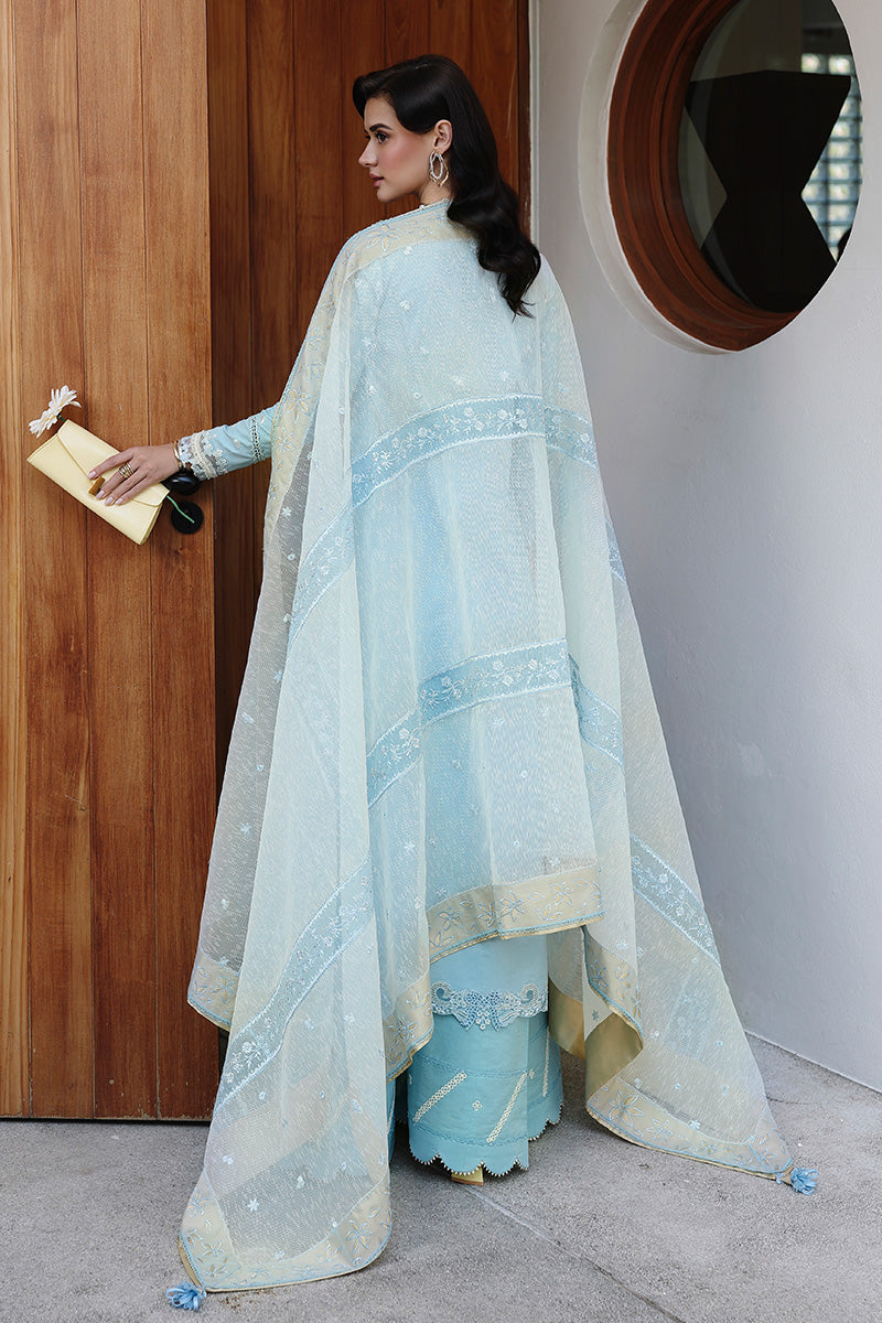  Model Wearing Light Blue Lawn Front Open Shirt - Qalamkar | Chikankari Eid Edit 26 |CM-05 NAYRA - Ladies Clothes - Maria Faisal