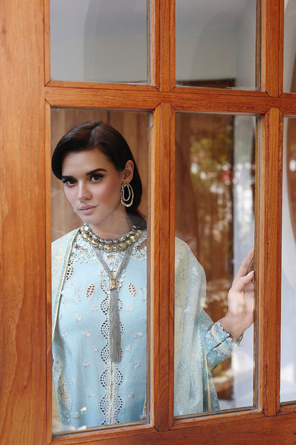  Model Wearing Light Blue Lawn Front Open Shirt - Qalamkar | Chikankari Eid Edit 26 |CM-05 NAYRA - Ladies Clothes - Maria Faisal