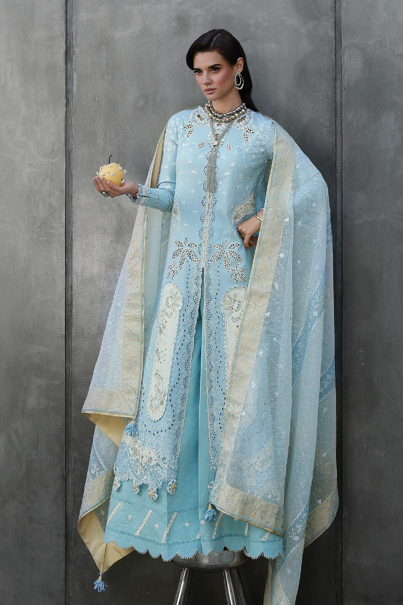  Model Wearing Light Blue Lawn Front Open Shirt - Qalamkar | Chikankari Eid Edit 26 |CM-05 NAYRA - Ladies Clothes - Maria Faisal
