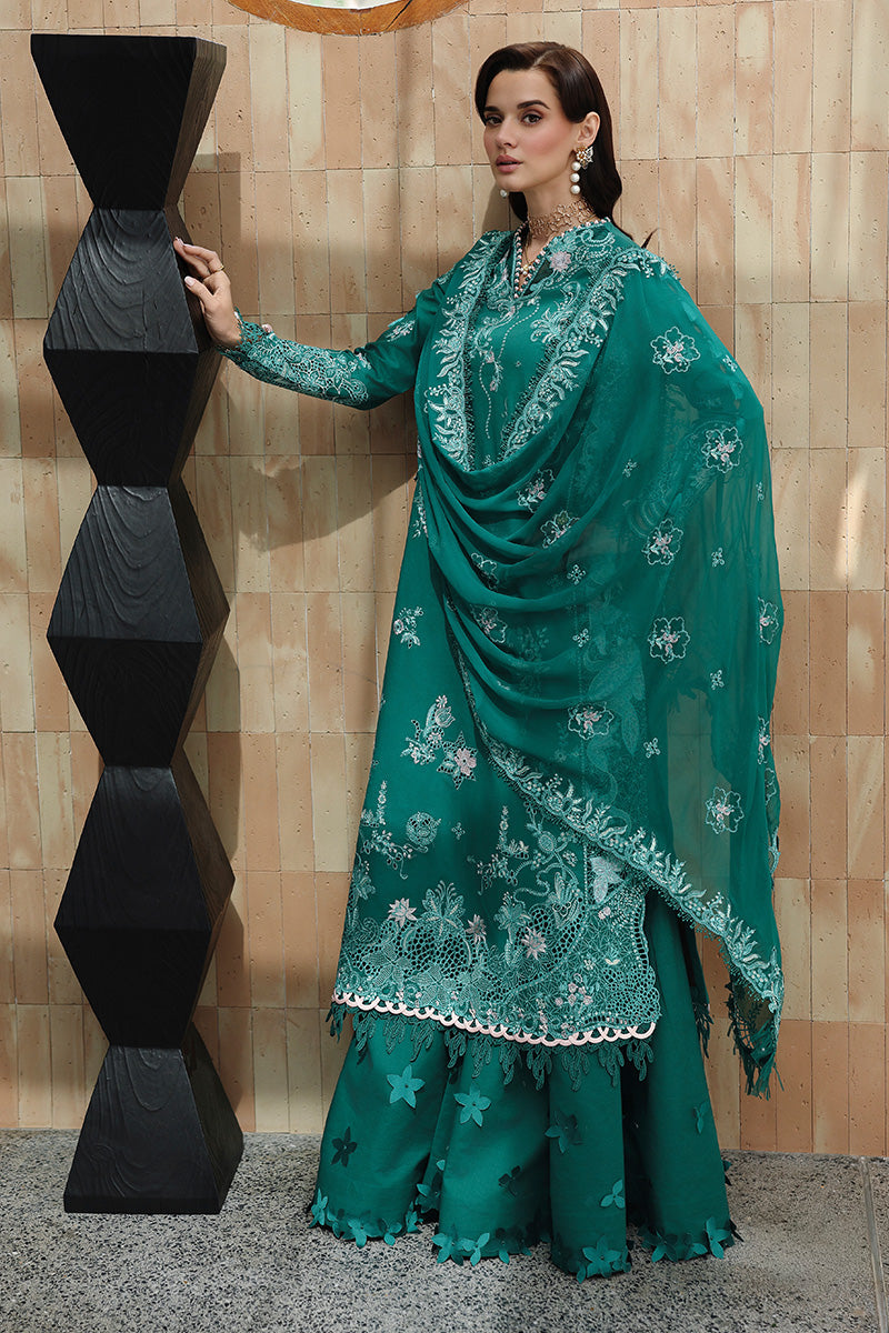  Model Wearing Bold Green Lawn Long Shirt - Qalamkar | Chikankari Eid Edit 26 |CM-07 ROGUE - Ladies Clothes - Maria Faisal