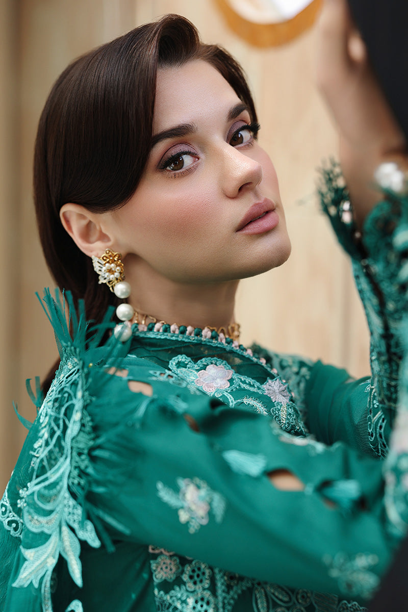  Model Wearing Bold Green Lawn Long Shirt - Qalamkar | Chikankari Eid Edit 26 |CM-07 ROGUE - Ladies Clothes - Maria Faisal