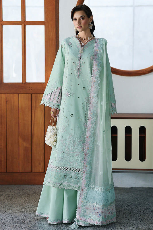  Model Wearing Light Ferozi Lawn Long Shirt - Qalamkar | Chikankari Eid Edit 26 | CM-08 SEREN - Ladies Clothes - Maria Faisal