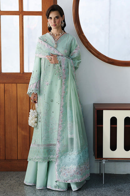  Model Wearing Light Ferozi Lawn Long Shirt - Qalamkar | Chikankari Eid Edit 26 | CM-08 SEREN - Ladies Clothes - Maria Faisal