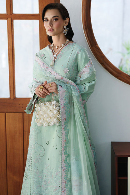  Model Wearing Light Ferozi Lawn Long Shirt - Qalamkar | Chikankari Eid Edit 26 | CM-08 SEREN - Ladies Clothes - Maria Faisal
