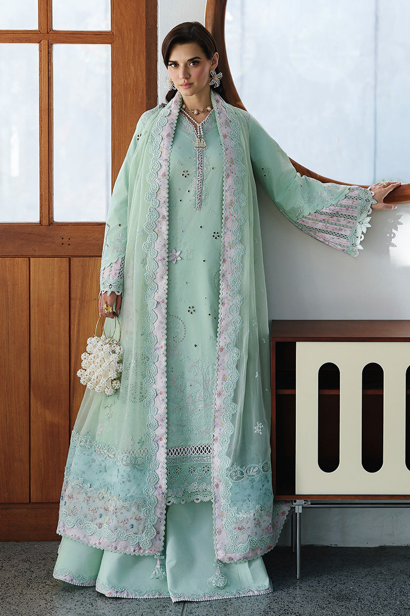  Model Wearing Light Ferozi Lawn Long Shirt - Qalamkar | Chikankari Eid Edit 26 | CM-08 SEREN - Ladies Clothes - Maria Faisal
