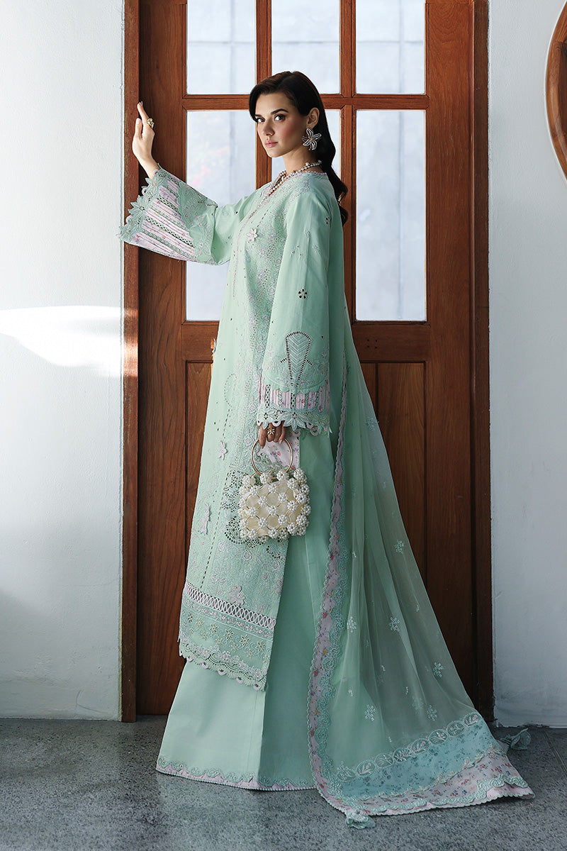  Model Wearing Light Ferozi Lawn Long Shirt - Qalamkar | Chikankari Eid Edit 26 | CM-08 SEREN - Ladies Clothes - Maria Faisal