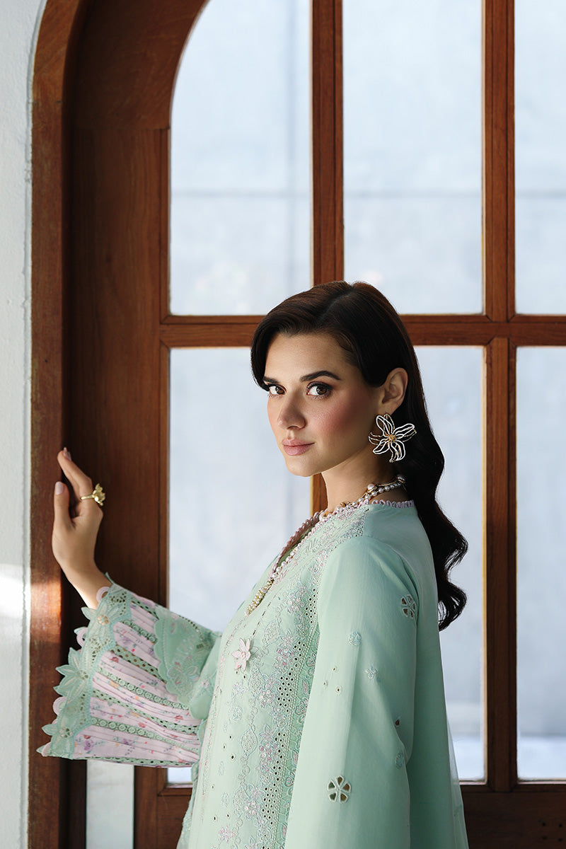  Model Wearing Light Ferozi Lawn Long Shirt - Qalamkar | Chikankari Eid Edit 26 | CM-08 SEREN - Ladies Clothes - Maria Faisal