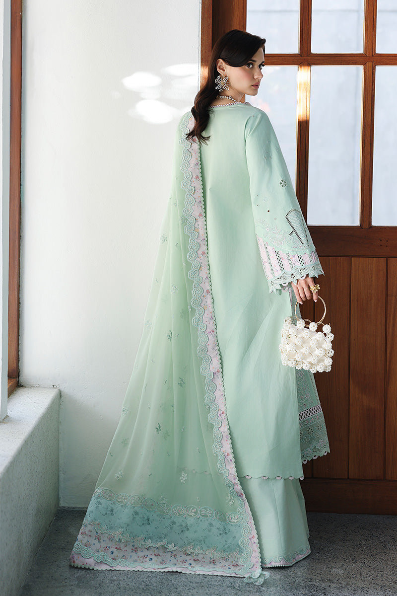  Model Wearing Light Ferozi Lawn Long Shirt - Qalamkar | Chikankari Eid Edit 26 | CM-08 SEREN - Ladies Clothes - Maria Faisal