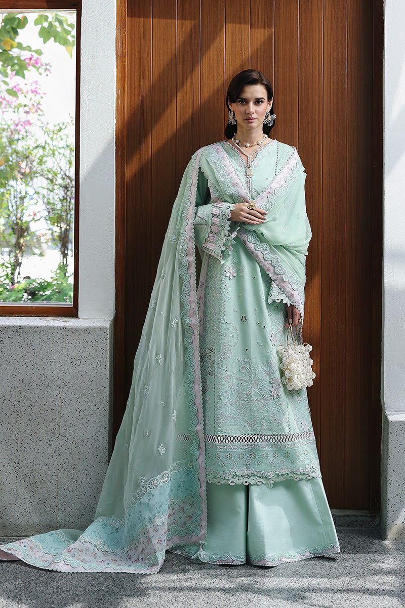  Model Wearing Light Ferozi Lawn Long Shirt - Qalamkar | Chikankari Eid Edit 26 | CM-08 SEREN - Ladies Clothes - Maria Faisal
