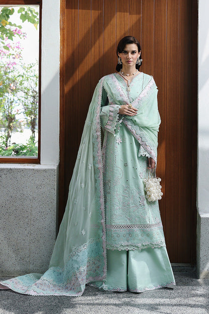  Model Wearing Light Ferozi Lawn Long Shirt - Qalamkar | Chikankari Eid Edit 26 | CM-08 SEREN - Ladies Clothes - Maria Faisal