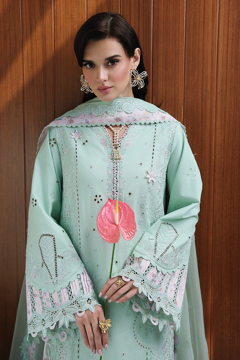  Model Wearing Light Ferozi Lawn Long Shirt - Qalamkar | Chikankari Eid Edit 26 | CM-08 SEREN - Ladies Clothes - Maria Faisal