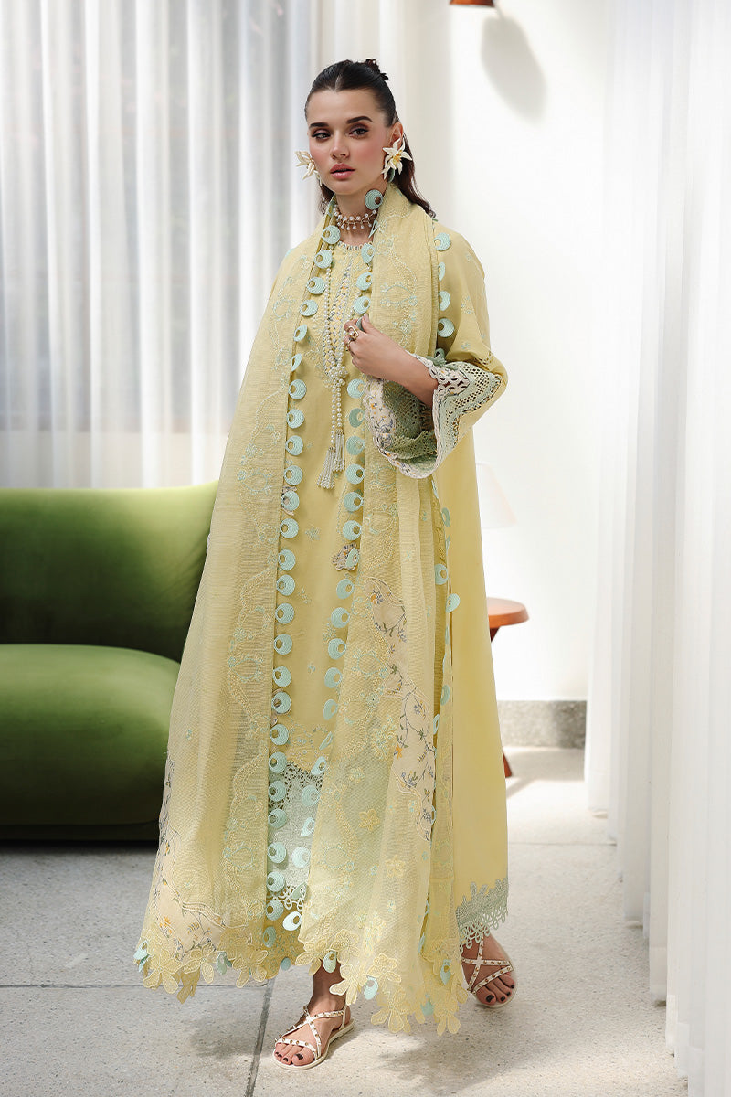  Model Wearing Lemon Yellow Lawn Long Shirt - Qalamkar | Chikankari Eid Edit 26 | CM-02 AYLA - Ladies Clothes - Maria Faisal