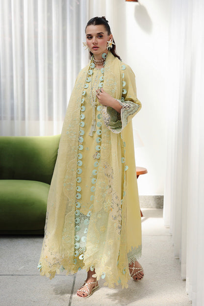  Model Wearing Lemon Yellow Lawn Long Shirt - Qalamkar | Chikankari Eid Edit 26 | CM-02 AYLA - Ladies Clothes - Maria Faisal