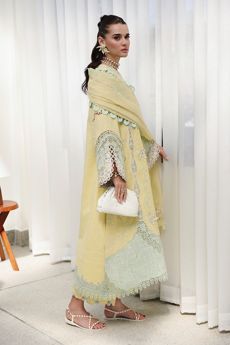  Model Wearing Lemon Yellow Lawn Long Shirt - Qalamkar | Chikankari Eid Edit 26 | CM-02 AYLA - Ladies Clothes - Maria Faisal