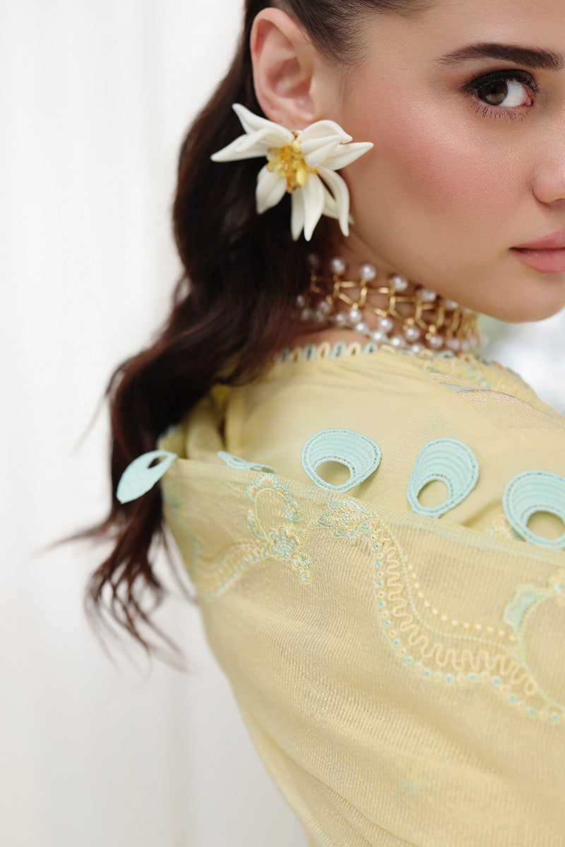  Model Wearing Lemon Yellow Lawn Long Shirt - Qalamkar | Chikankari Eid Edit 26 | CM-02 AYLA - Ladies Clothes - Maria Faisal