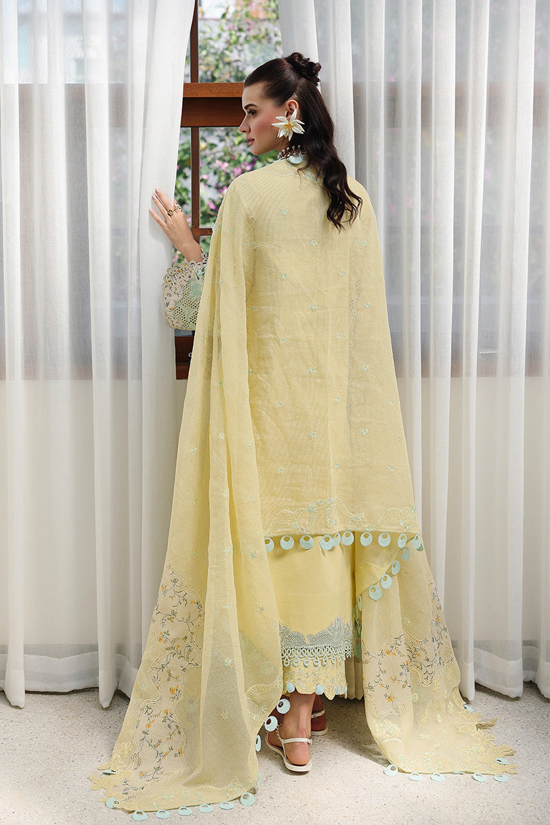  Model Wearing Lemon Yellow Lawn Long Shirt - Qalamkar | Chikankari Eid Edit 26 | CM-02 AYLA - Ladies Clothes - Maria Faisal