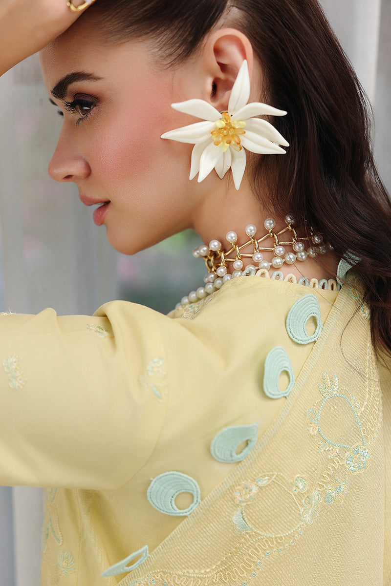  Model Wearing Lemon Yellow Lawn Long Shirt - Qalamkar | Chikankari Eid Edit 26 | CM-02 AYLA - Ladies Clothes - Maria Faisal
