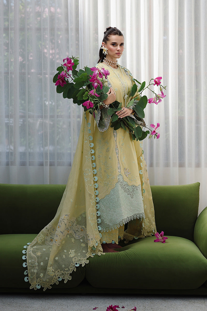  Model Wearing Lemon Yellow Lawn Long Shirt - Qalamkar | Chikankari Eid Edit 26 | CM-02 AYLA - Ladies Clothes - Maria Faisal