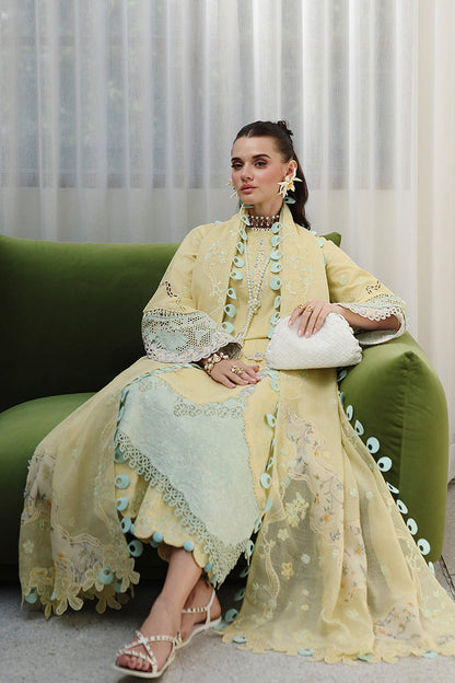  Model Wearing Lemon Yellow Lawn Long Shirt - Qalamkar | Chikankari Eid Edit 26 | CM-02 AYLA - Ladies Clothes - Maria Faisal