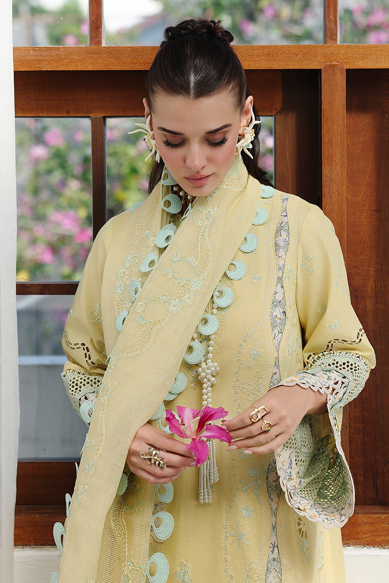  Model Wearing Lemon Yellow Lawn Long Shirt - Qalamkar | Chikankari Eid Edit 26 | CM-02 AYLA - Ladies Clothes - Maria Faisal