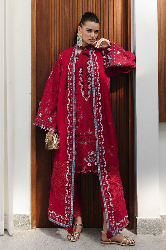  Model Wearing Deep Red Lawn Short Shirt - Qalamkar | Chikankari Eid Edit 26 | CM-03 RUBY - Ladies Clothes - Maria Faisal