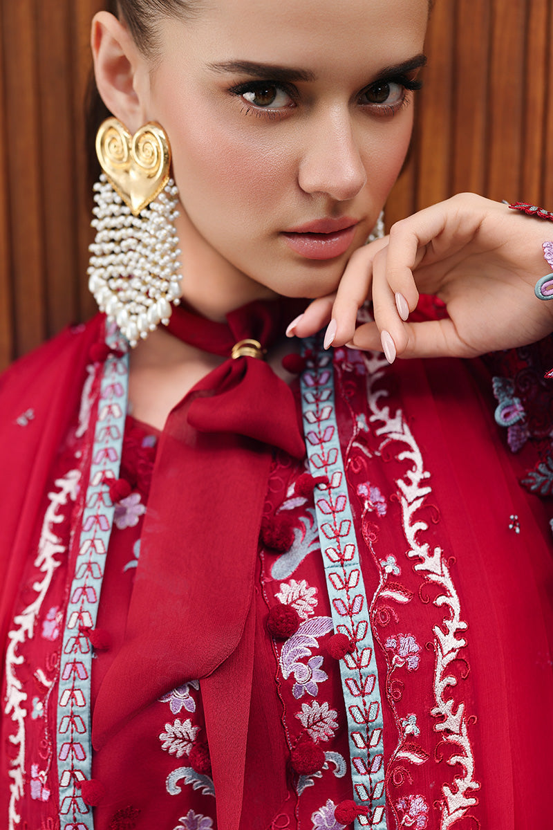  Model Wearing Deep Red Lawn Short Shirt - Qalamkar | Chikankari Eid Edit 26 | CM-03 RUBY - Ladies Clothes - Maria Faisal