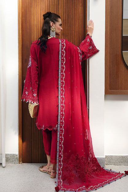  Model Wearing Deep Red Lawn Short Shirt - Qalamkar | Chikankari Eid Edit 26 | CM-03 RUBY - Ladies Clothes - Maria Faisal