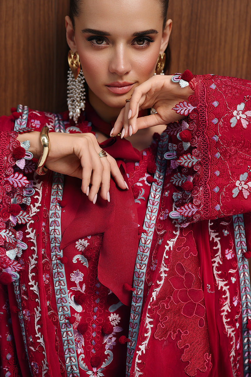 Model Wearing Deep Red Lawn Short Shirt - Qalamkar | Chikankari Eid Edit 26 | CM-03 RUBY - Ladies Clothes - Maria Faisal