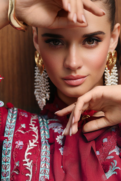  Model Wearing Deep Red Lawn Short Shirt - Qalamkar | Chikankari Eid Edit 26 | CM-03 RUBY - Ladies Clothes - Maria Faisal