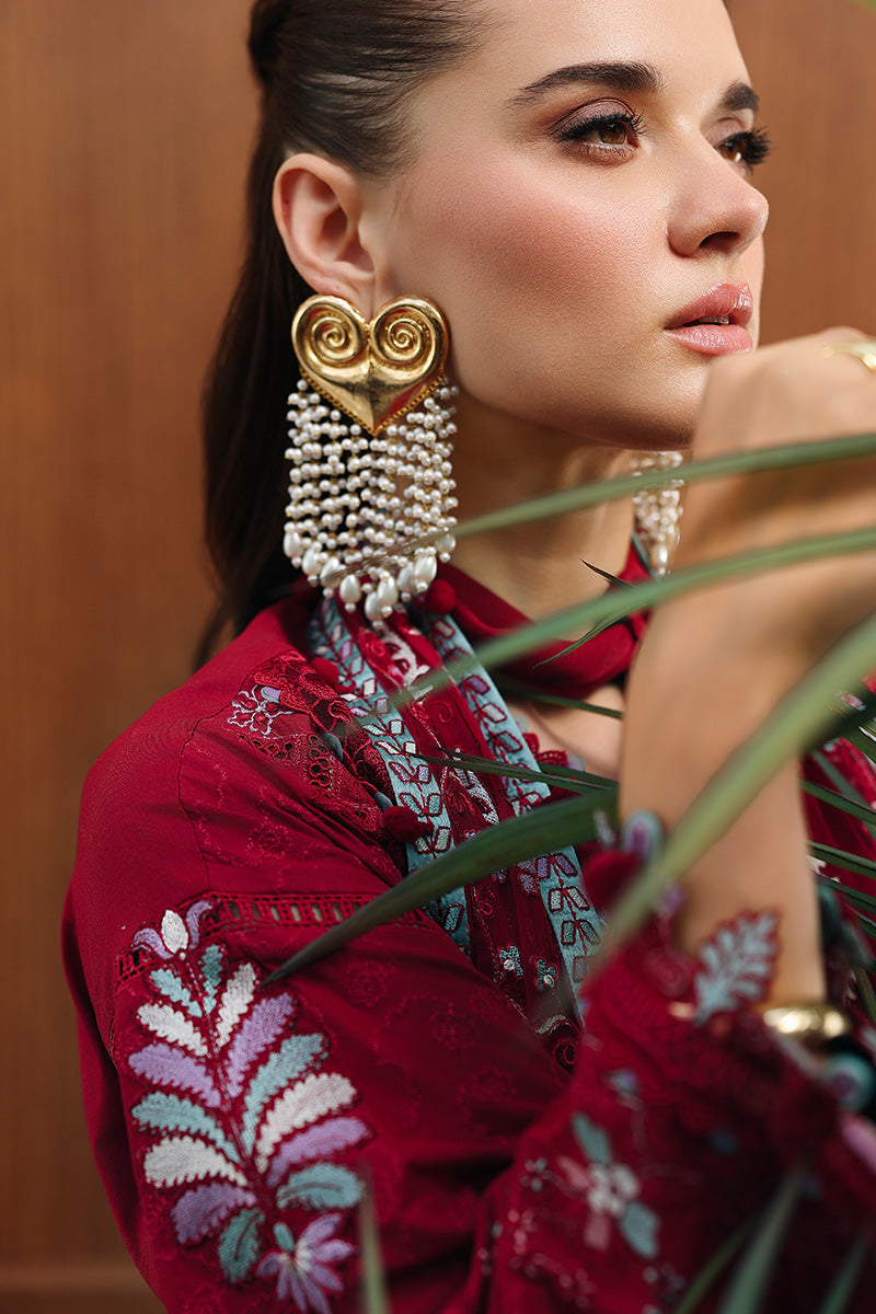  Model Wearing Deep Red Lawn Short Shirt - Qalamkar | Chikankari Eid Edit 26 | CM-03 RUBY - Ladies Clothes - Maria Faisal