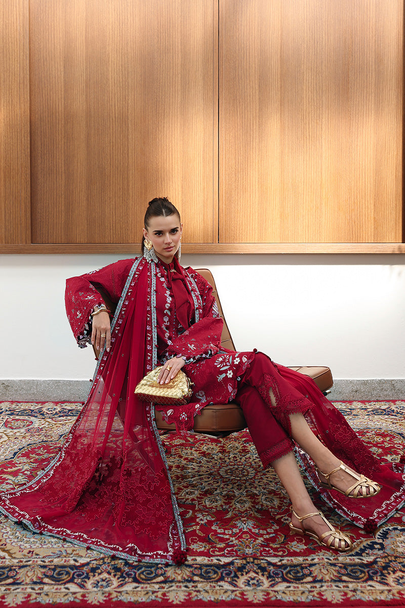  Model Wearing Deep Red Lawn Short Shirt - Qalamkar | Chikankari Eid Edit 26 | CM-03 RUBY - Ladies Clothes - Maria Faisal