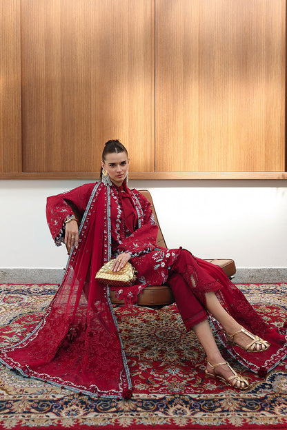  Model Wearing Deep Red Lawn Short Shirt - Qalamkar | Chikankari Eid Edit 26 | CM-03 RUBY - Ladies Clothes - Maria Faisal