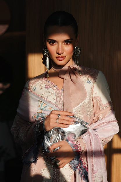  Model Wearing Soft Pink Lawn Front Open Shirt - Qalamkar | Chikankari Eid Edit 26 | CM-06 NOURA - Ladies Clothes - Maria Faisal