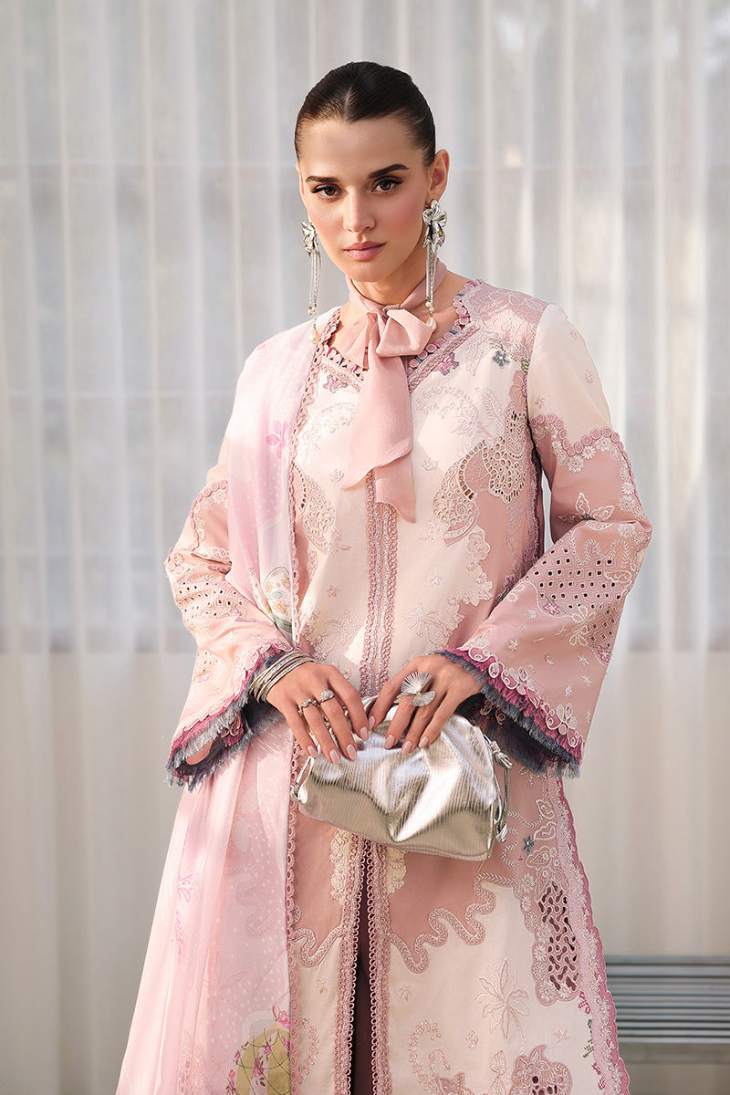  Model Wearing Soft Pink Lawn Front Open Shirt - Qalamkar | Chikankari Eid Edit 26 | CM-06 NOURA - Ladies Clothes - Maria Faisal