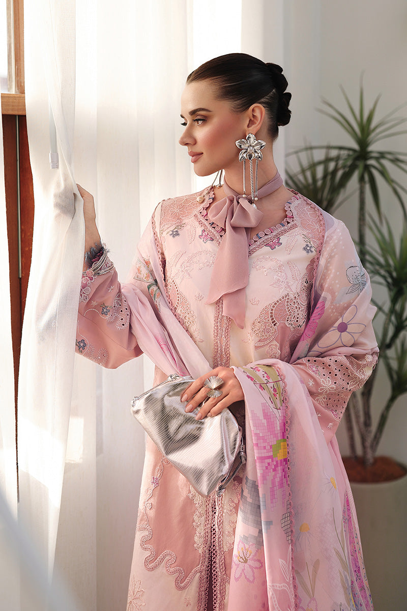  Model Wearing Soft Pink Lawn Front Open Shirt - Qalamkar | Chikankari Eid Edit 26 | CM-06 NOURA - Ladies Clothes - Maria Faisal