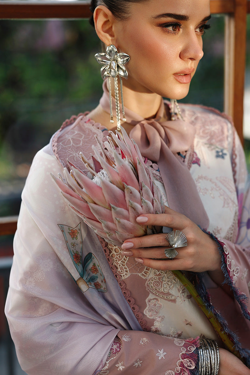  Model Wearing Soft Pink Lawn Front Open Shirt - Qalamkar | Chikankari Eid Edit 26 | CM-06 NOURA - Ladies Clothes - Maria Faisal