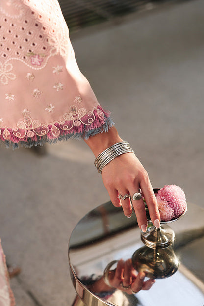  Model Wearing Soft Pink Lawn Front Open Shirt - Qalamkar | Chikankari Eid Edit 26 | CM-06 NOURA - Ladies Clothes - Maria Faisal