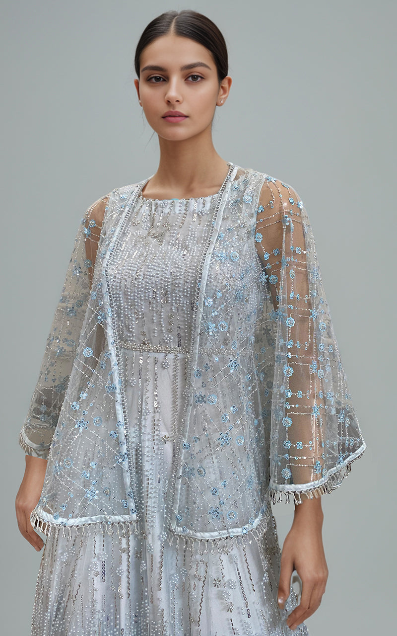 Threads and Motifs | Formal Dresses 25 | Net Embroidered Cape With Maxi - Ladies Clothes - Maria Faisal