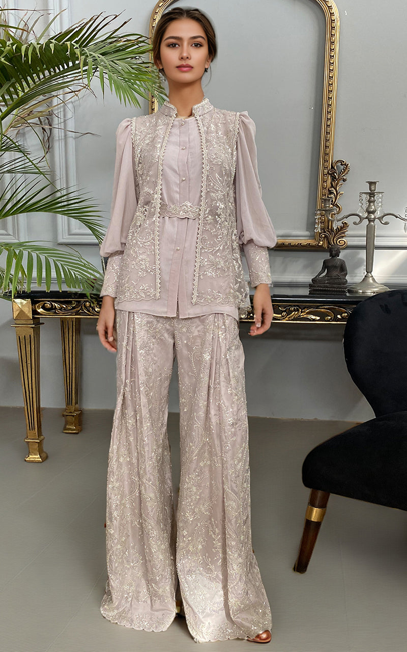 Threads and Motifs | Formal Dresses 25 | Net Embroidered Jacket With Chiffon Shirt And Embroidered Trouser - Ladies Clothes - Maria Faisal
