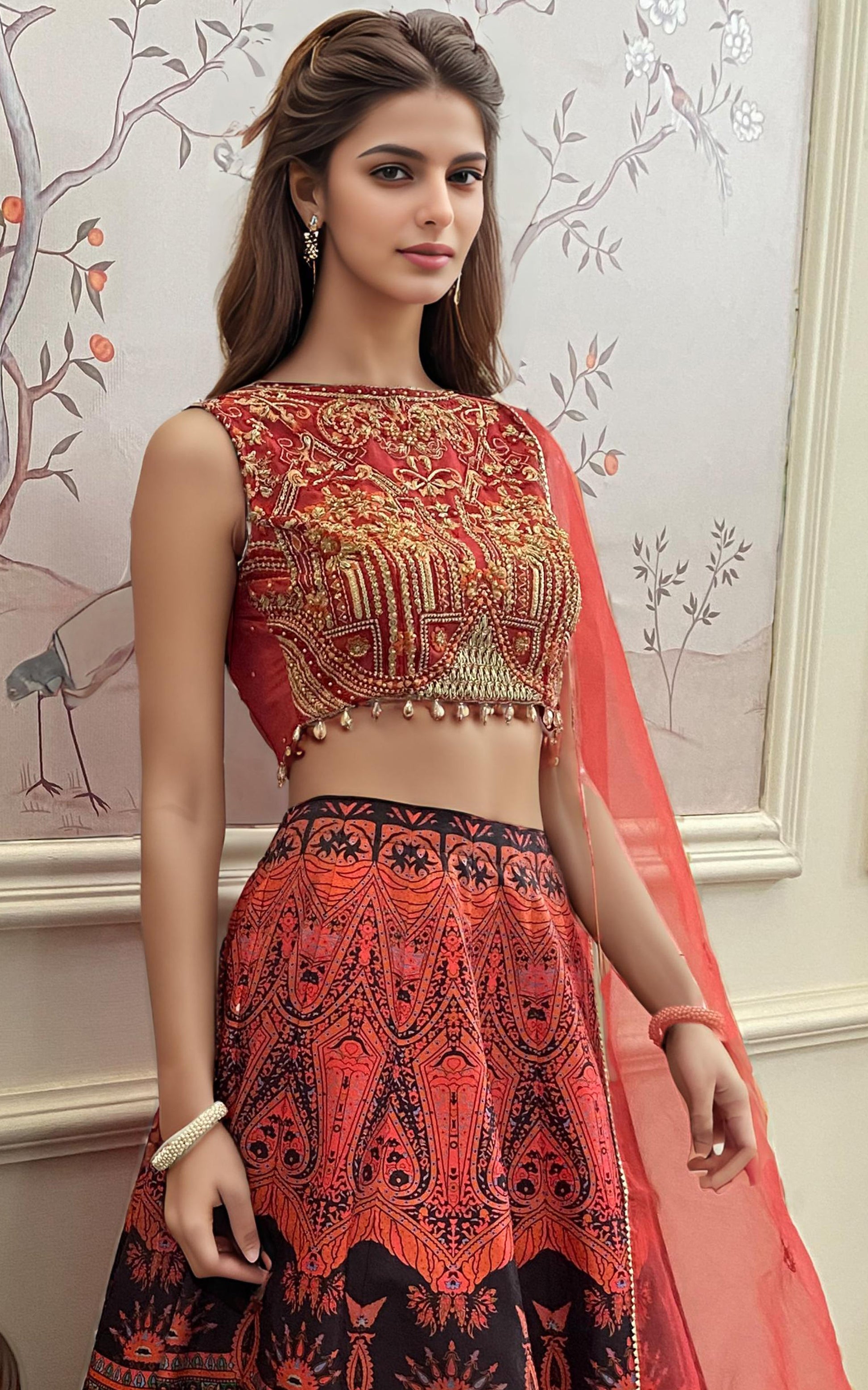 Threads and Motifs | Formal Dresses 25 | Embroidered Blouse With Printed Lehenga And Dupatta - Ladies Clothes - Maria Faisal