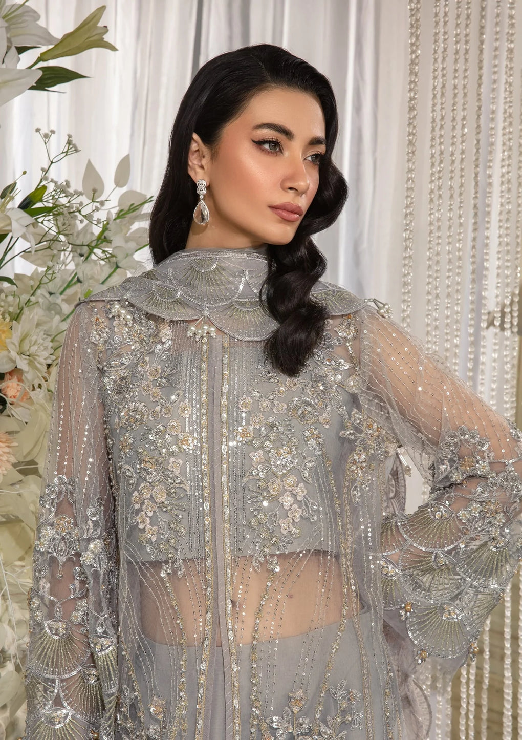 Elaf Premium | Evara Formals 24 | EFE-04 DOVE - Designer Dress with Intricate embroidery and embellishments. Shop elegent wedding dress at Maria Faisal.