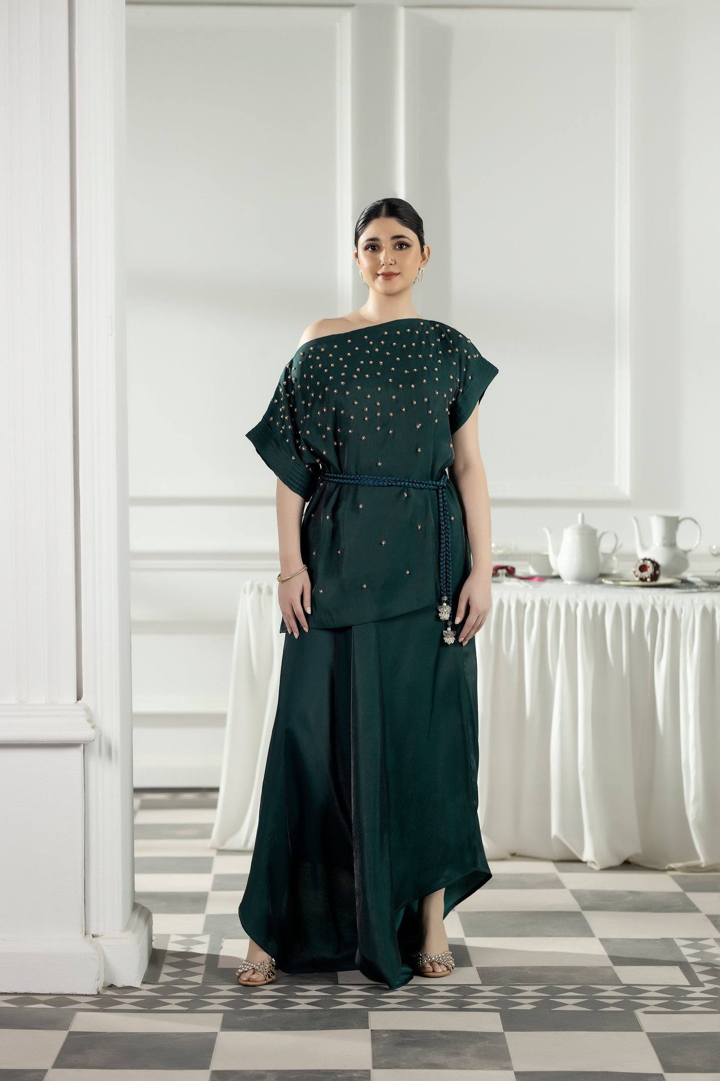 Purple Haze | Suraya Edit | Majestic Moss Green - Luxury Dress - available at Maria Faisal in UK and USA.