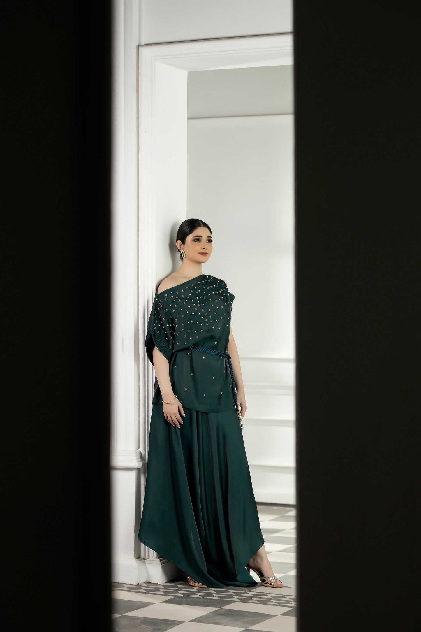 Purple Haze | Suraya Edit | Majestic Moss Green - Luxury Dress - available at Maria Faisal in UK and USA.
