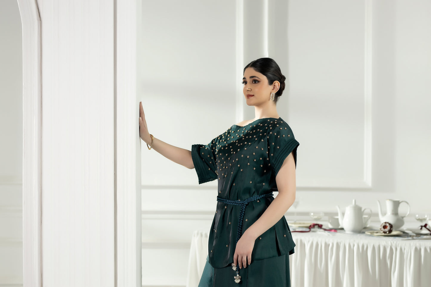 Purple Haze | Suraya Edit | Majestic Moss Green - Luxury Dress - available at Maria Faisal in UK and USA.