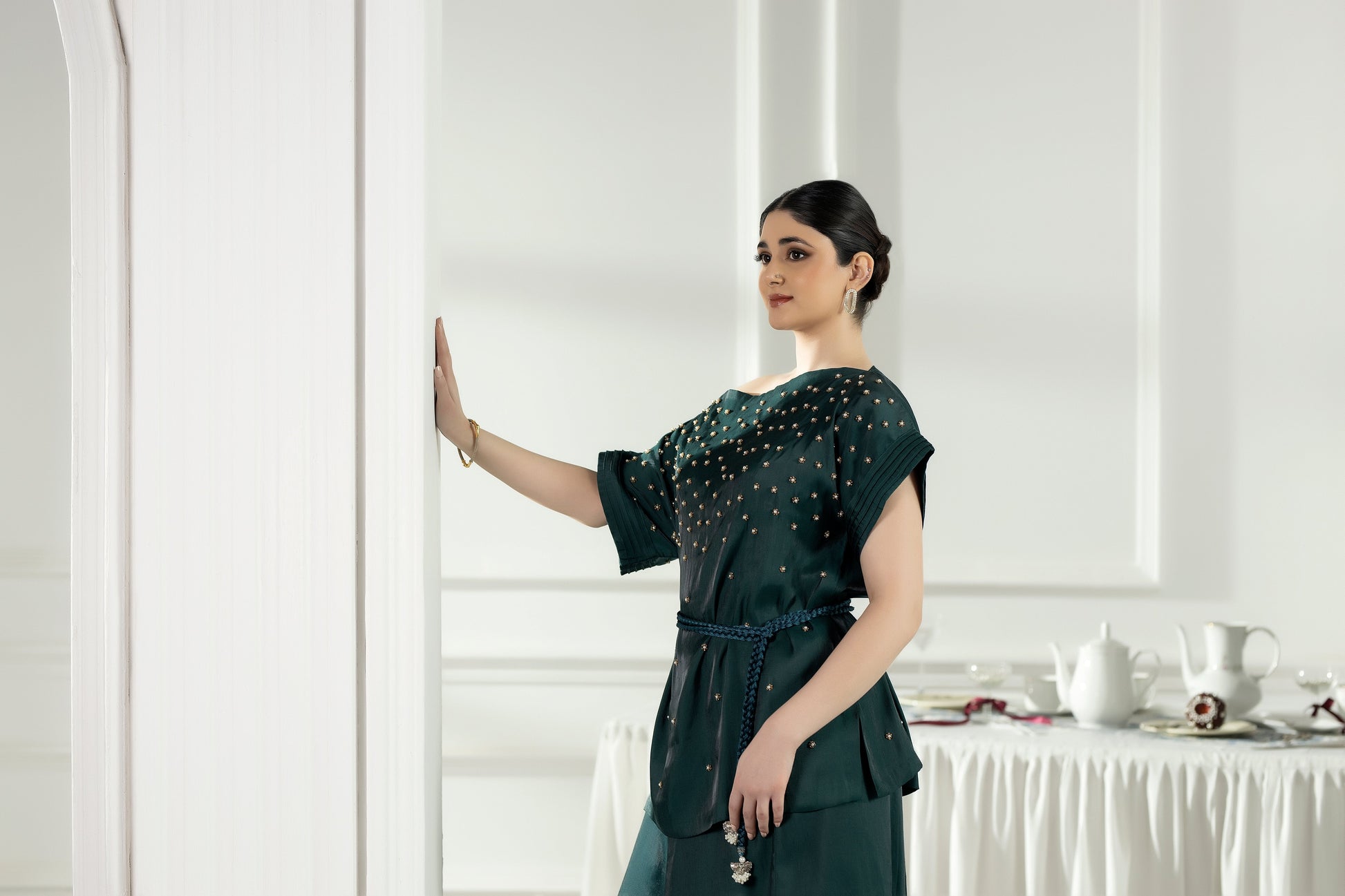 Purple Haze | Suraya Edit | Majestic Moss Green - Luxury Dress - available at Maria Faisal in UK and USA.