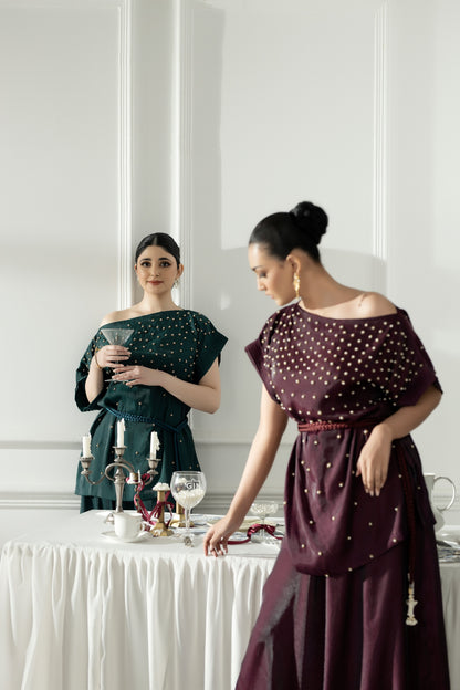 Purple Haze | Suraya Edit | Burgundy Belle - Luxury Dress - available at Maria Faisal in UK and USA.