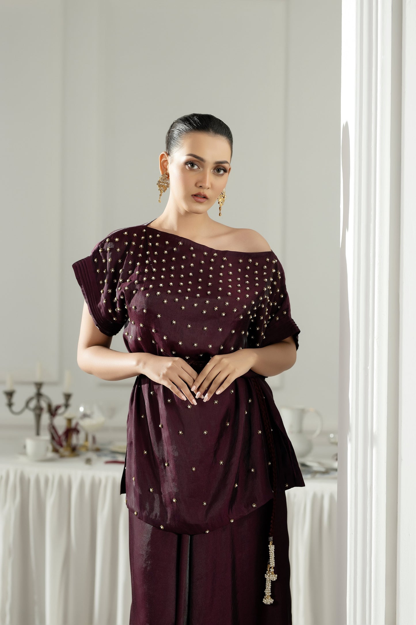 Purple Haze | Suraya Edit | Burgundy Belle - Luxury Dress - available at Maria Faisal in UK and USA.