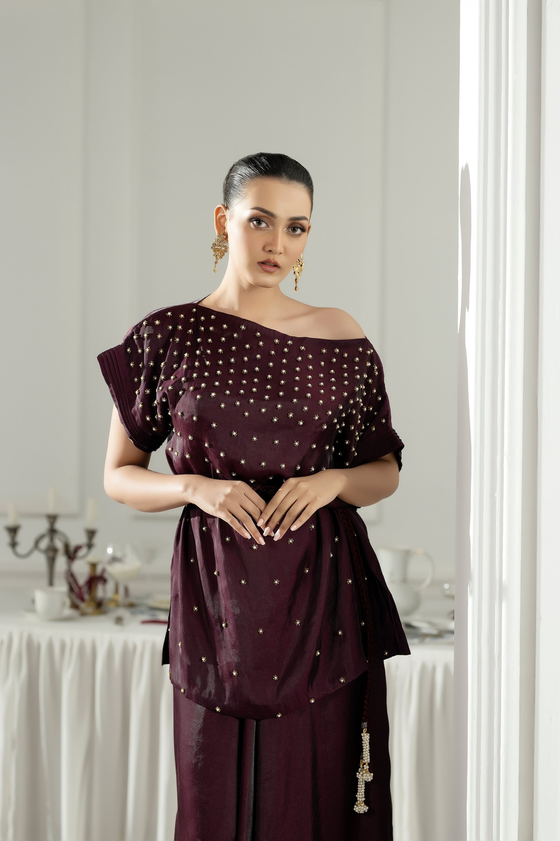 Purple Haze | Suraya Edit | Burgundy Belle - Luxury Dress - available at Maria Faisal in UK and USA.
