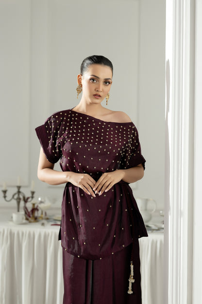 Purple Haze | Suraya Edit | Burgundy Belle - Luxury Dress - available at Maria Faisal in UK and USA.