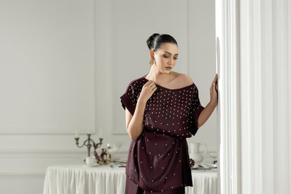 Purple Haze | Suraya Edit | Burgundy Belle - Luxury Dress - available at Maria Faisal in UK and USA.